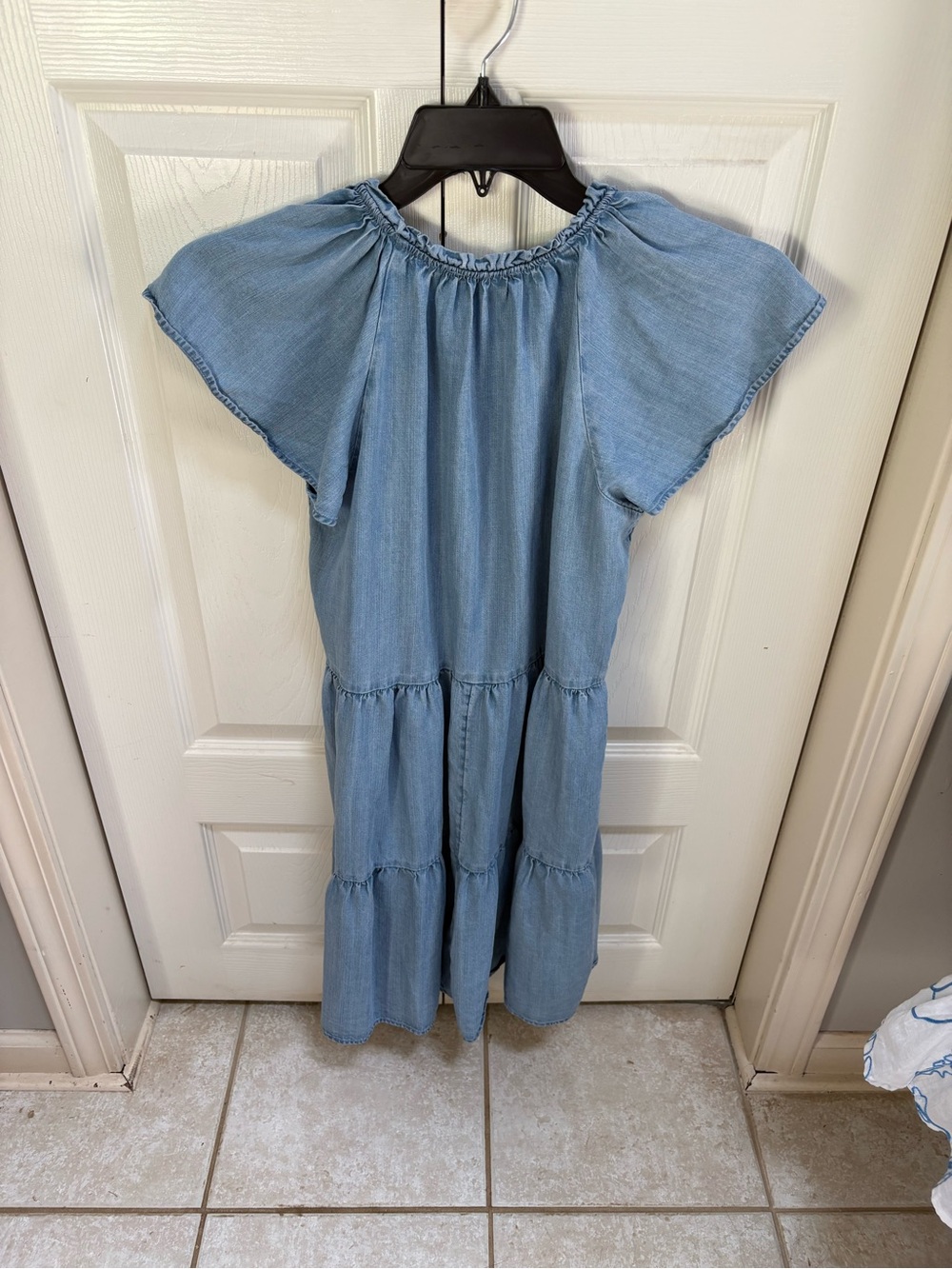 LOFT Light Chambray Ruffled Neck Button-Front Top - Picture 3 of 3